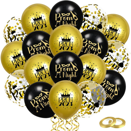 42pcs Prom 2023 Balloons Black Gold Graduation Prom Night Party Balloon Decorations Prom Theme Latex Balloons Confetti Balloons Graduation Party Decorations Supplies