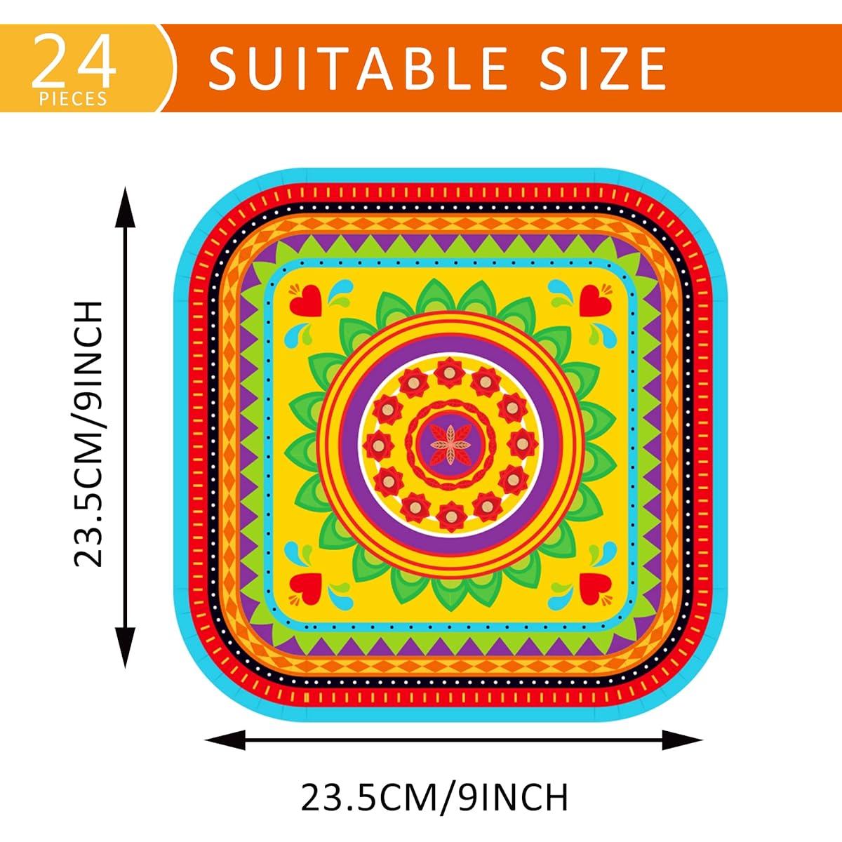 24 Pack 9 Inch Mexican Fiesta Dessert Paper Plates Mexican Cactus Colorful Square Disposable Dinner Party Plates Set Mexican Fiesta Theme Paper Plates Baby Shower Birthday Party Supplies