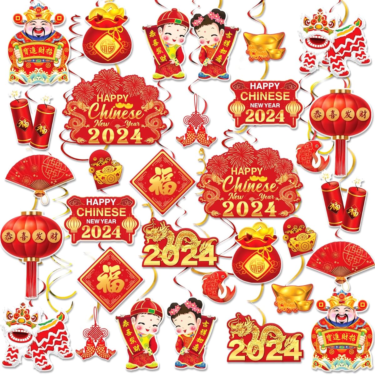 GERMISHUYS Chinese New Year Hanging Swirl Decorations 2024 68 Pieces Chinese New Year Decorations 2024 Chinese New Year Party Supplies 2024