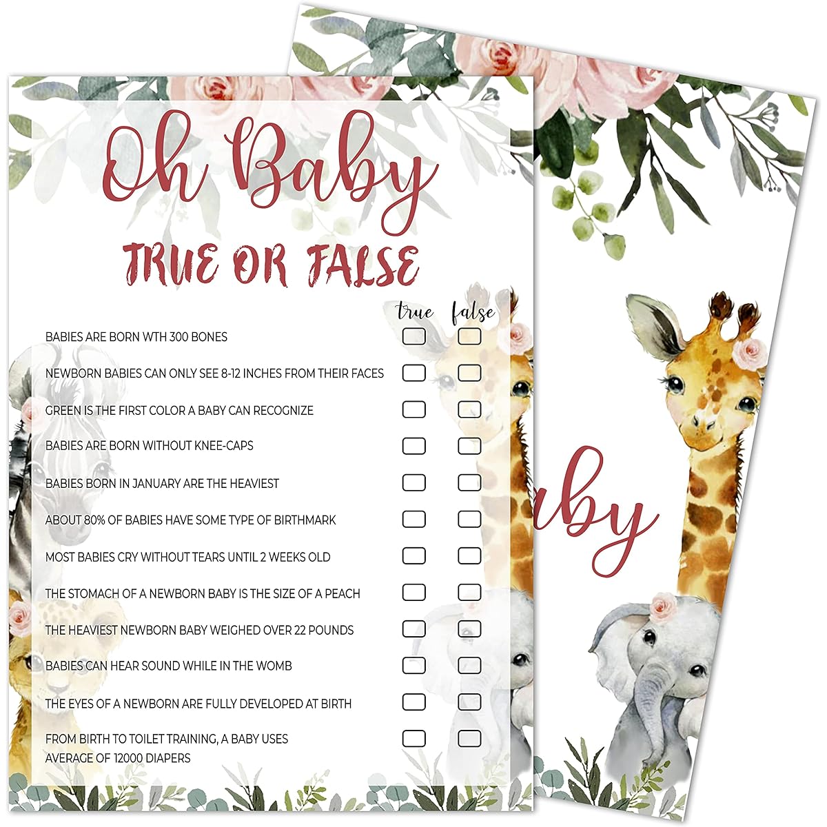 Truth or Fake Baby Shower Game Gender Reveal Party Supplies Jungle Animal Safari Floral Green Party Decorations - 30 1 Game Cards 1 Answer Card (bb002-yx03)