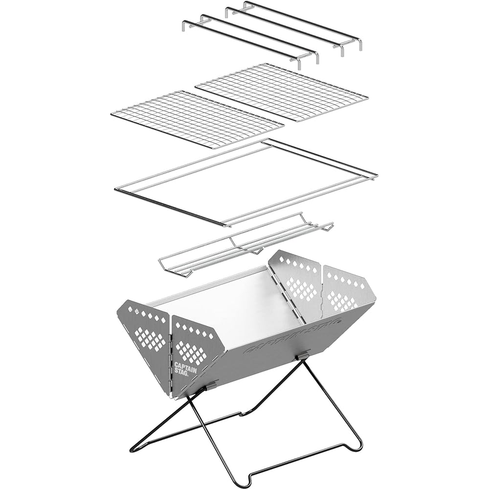 CAPTAIN STAG Barbecue Stove Grill Bonfire Stand V Type Smart Grill Stainless Steel with Trivet and Storage Bag Included