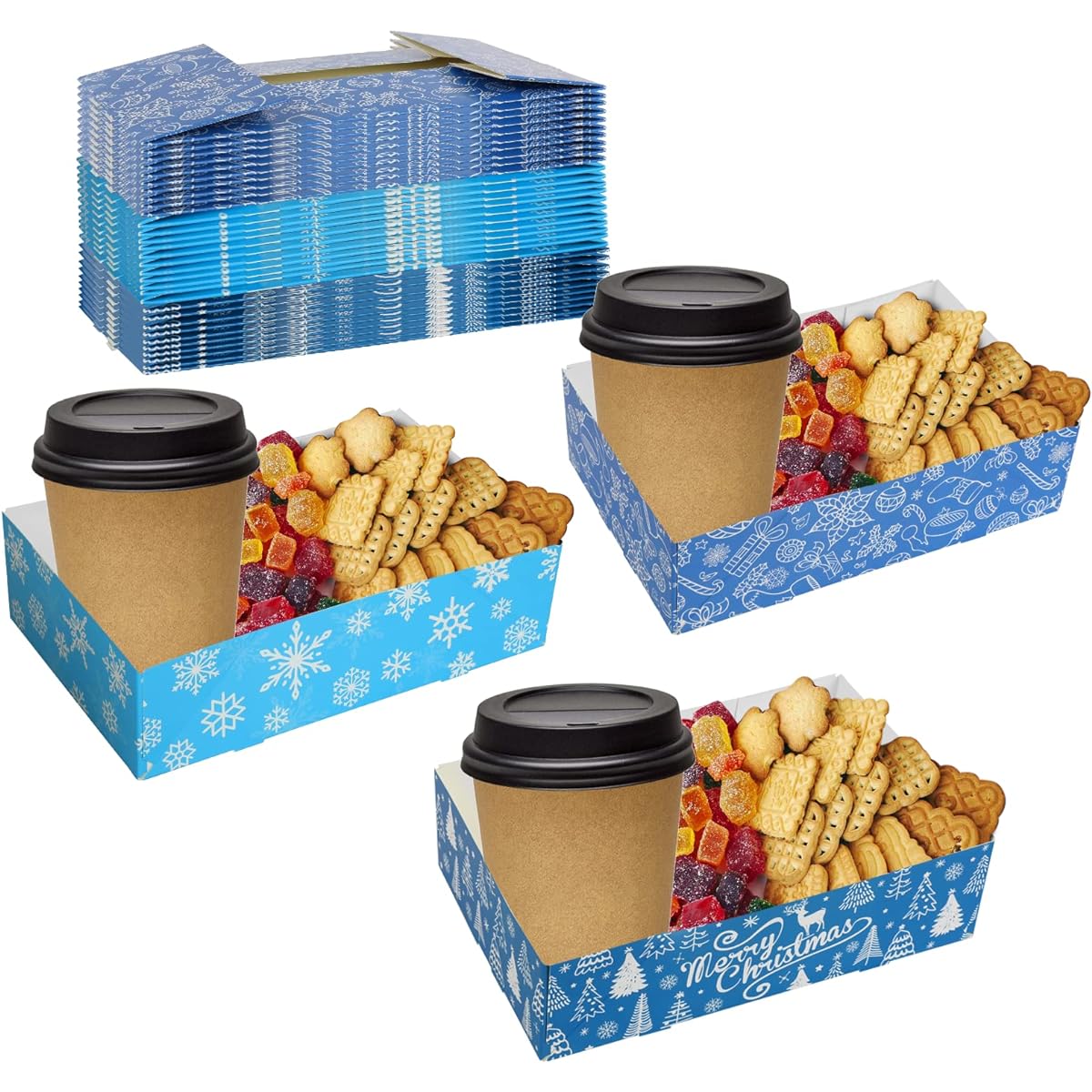 30pcs Christmas Party Supplies Checkered 4 Corner Food Boxes Paper Snack Trays Christmas Party Frozen Winter Party Decorations Disposable Food Holders for Popcorn Nachos