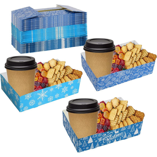 30pcs Christmas Party Supplies Checkered 4 Corner Food Boxes Paper Snack Trays Christmas Party Frozen Winter Party Decorations Disposable Food Holders for Popcorn Nachos