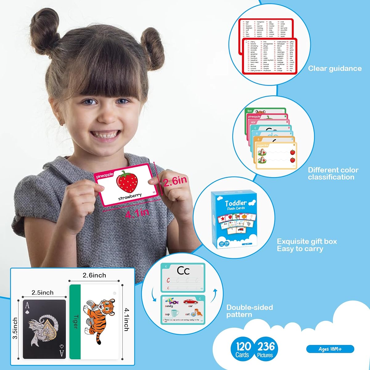ACEFLY Toddler Flash Cards Set for Babies 18 Months and Up, Animals, Vegetables, Fruits, Colors, 60 Cards, 120 Patterns, Toddler Preschool Educational Flash Cards with Rings (Series I)