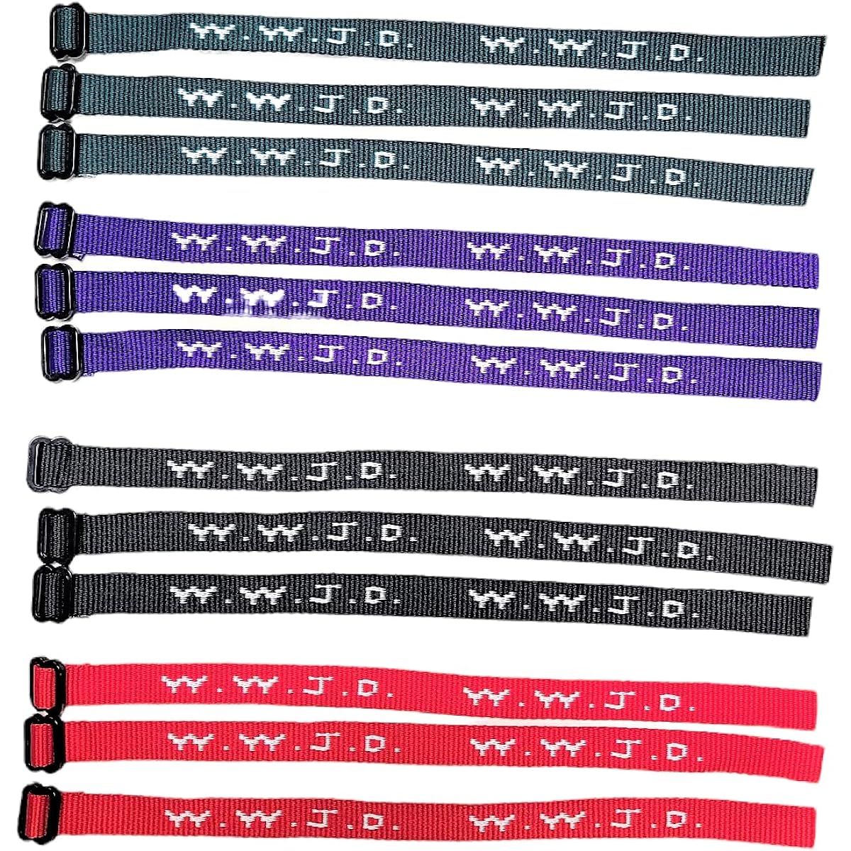 Colorful W.W.J.D. Webbing Bracelets (12 Pack) ("What would Jesus do?") Colors: Black, Army Green, Purple, Bright Red Religious Christian Wristbands.