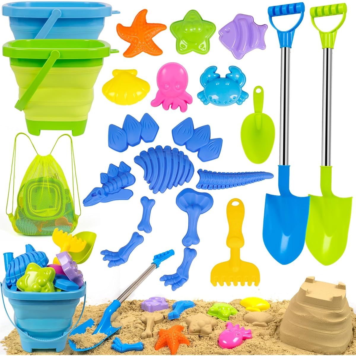 FUNWEGOT Beach Sand Toy Set, 2 Folding Buckets, 2 Large Size Sand Shovel, Rake, Animal Sand Mold Toys with Mesh Bag, Sandbox Kit for Ages 3+ (22 Pieces)