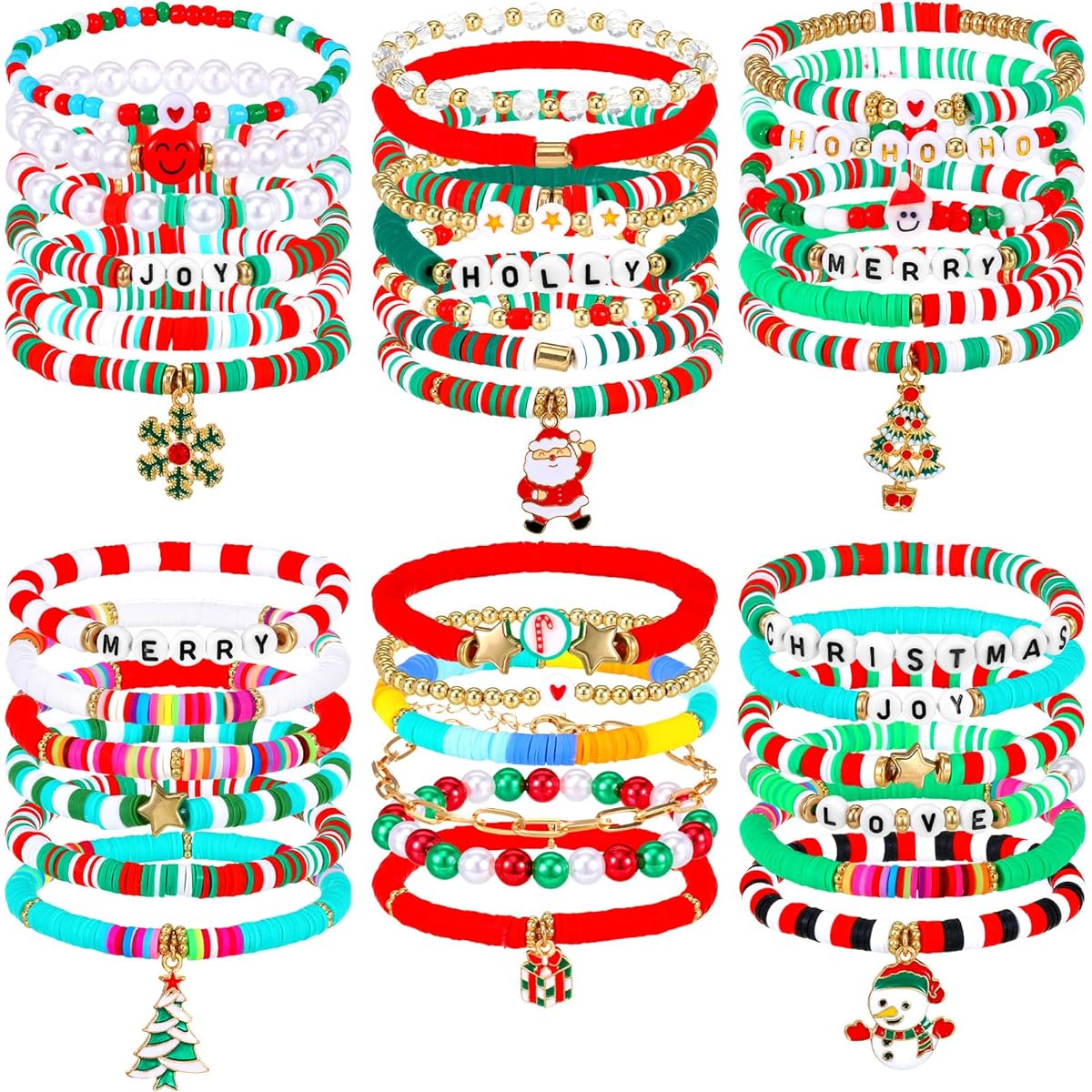 Batiyeer 40pcs Surfer Heishi Bracelets Set Colorful Friendship Adjustable Clay Beads Bracelets Halloween Christmas Romantic Shamrock Easter Stretch Gift Jewelry for Women Girls Kids