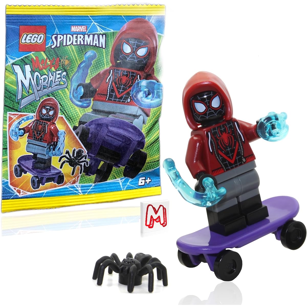 LEGO Marvel Superheroes Spider-Man Across the Spider-Verse Minifigures - Miles Morales Minifigure with Skateboard, Spider, Cool Web Blast and Minifigure Land Tile 76178