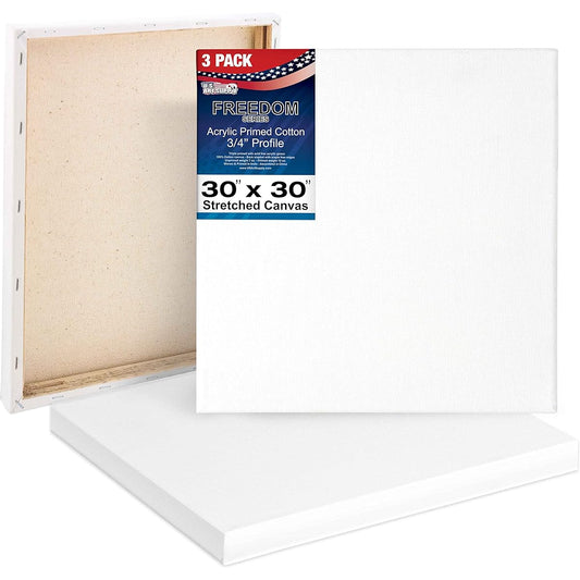 U.S. Art Supply 30" x 30" Stretched Canvas, 12oz Triple Prime, 3 Pack, Professional Artist Quality, White Blank, 3/4" Profile, 100% Cotton, Heavyweight Gesso, Acrylic Poling, Oil Painting