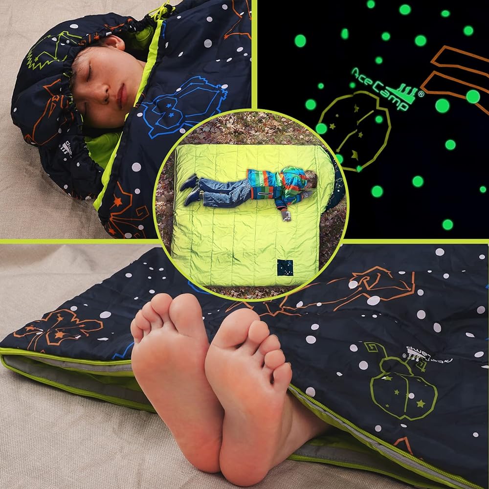AceCamp Children's Sleeping Bag Glow in the Dark Sleeping Bag for Children and Youth Portable Waterproof Kids Sleeping Bag Suitable for All Seasons, Temperature 10℃/ -1℃ for Camping Hiking Slumber Party