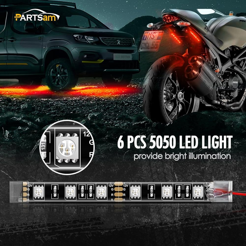 Partsam 4.5" Red Motorcycle LED Tail Turn Signal Brake Light Strip Bar IP68 Waterproof Universal Flexible Motorcycle Turn Signal Third Brake Daytime Running Light Motorcycle Trailer ATV 2 Pack