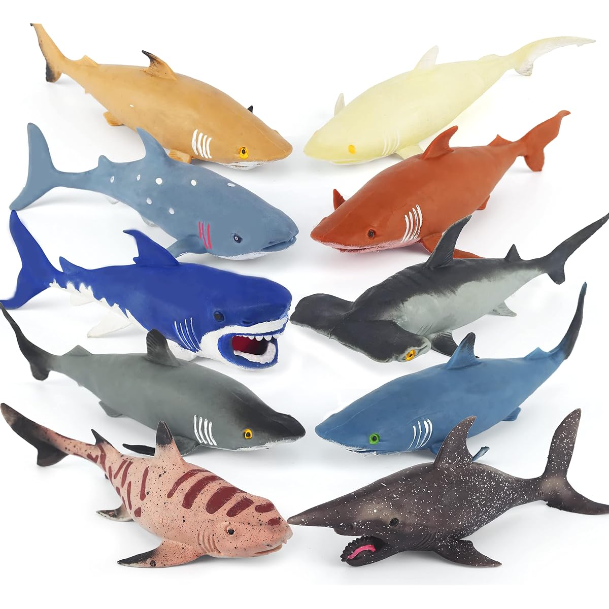 Shark Toys - 10 Pack 8 Inch Soft Stretchy Realistic Shark Toy Set - Floating Bathtub Toys - Birthday Party Favors for Boys Girls Kids