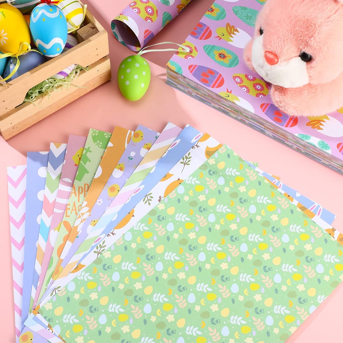 240 Sheets Easter Pattern Paper A4 Easter Bunny Rabbit Egg Craft Paper 12 Patterns Decorative Origami Double Sided Wrapping Easter Paper for Birthday Party Craft DIY
