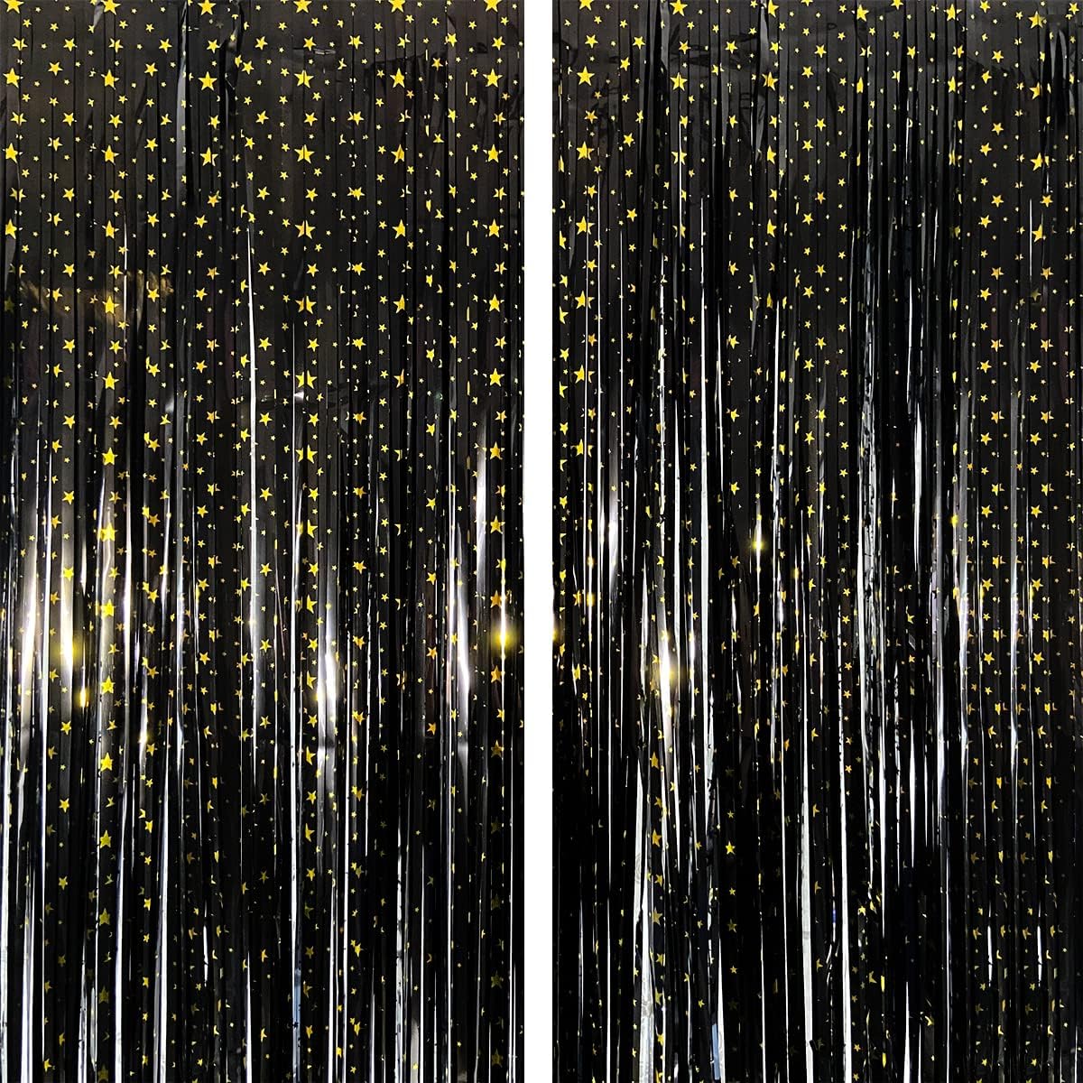 Black Foil Fringe Curtains Shiny Stars Metallic Tinsel Photo Booth Backdrop for Birthday Wedding Engagement Baby Shower Celebration Party Decorations (2 Pack 3.3ft x 6.6ft)