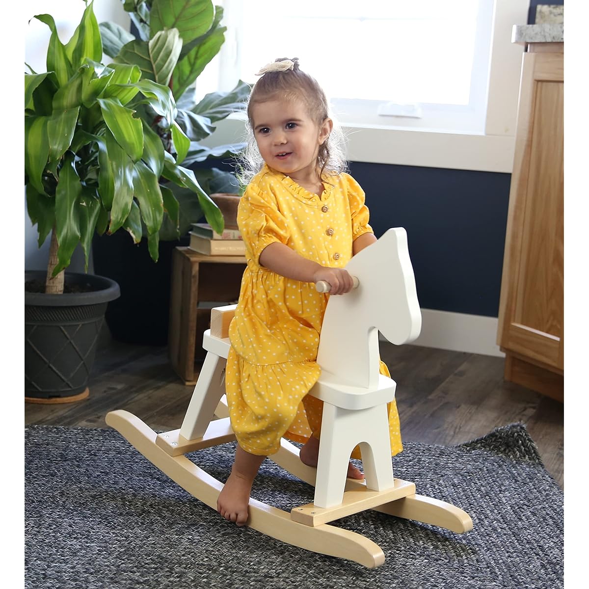 AmishToyBox.com Wooden Rocking Horse Toddler Ride On Toy (White and Natural)