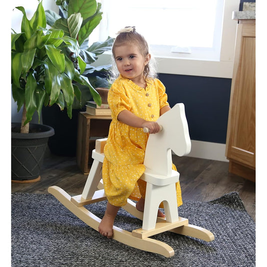 AmishToyBox.com Wooden Rocking Horse Toddler Ride On Toy (White and Natural)