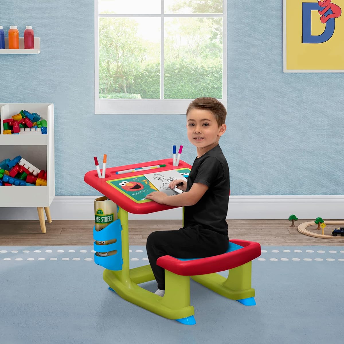 Delta Children Sesame Street Draw & Play Desk - Includes 10 Markers and Coloring Book, Red/Blue/Green