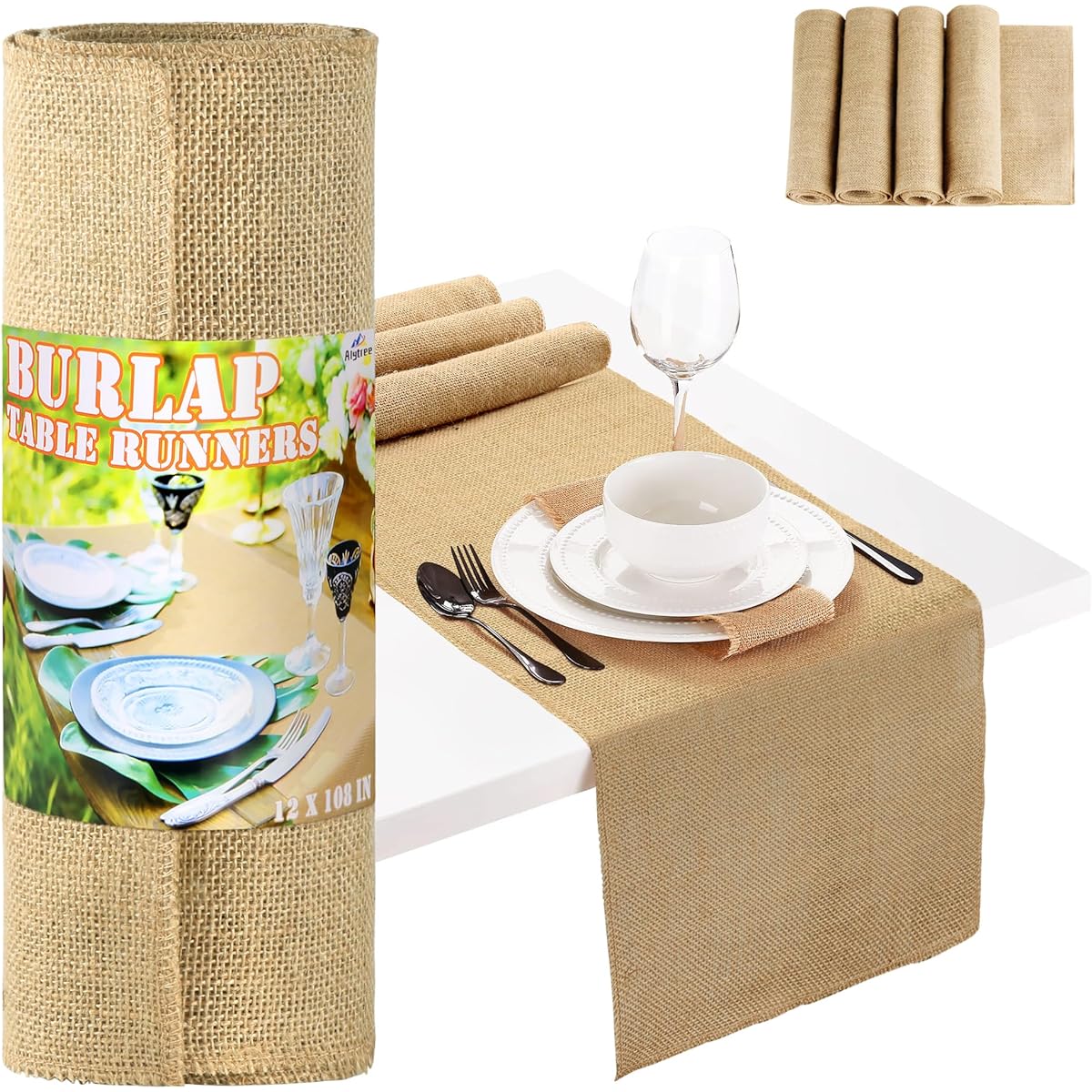 Burlap Table Runner Set of 4 12 x 108 Inch Natural Jute Table Runner Rustic Burlap Table Runner Table Decor Wedding Decor Farmhouse Style Party Dinner DIY Craft