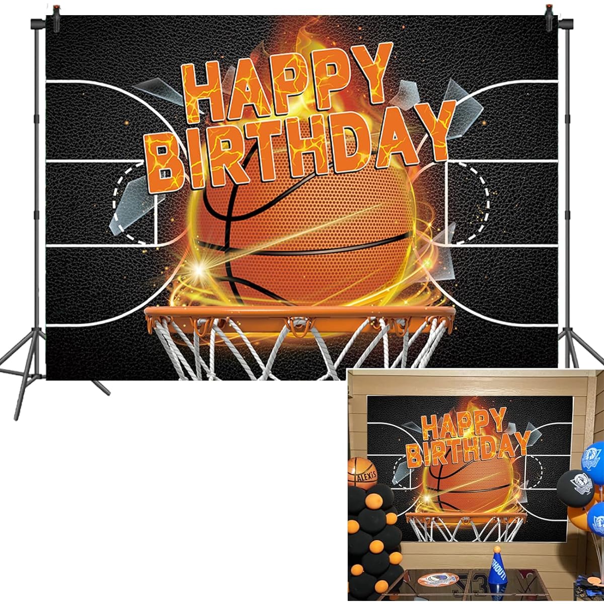 BAIFNEZ 7x5ft Boys Basketball Game Birthday Backdrop Black Basketball Court Backdrop Teens Kids Basketball Sports Happy Birthday Party Decoration Photo Booth