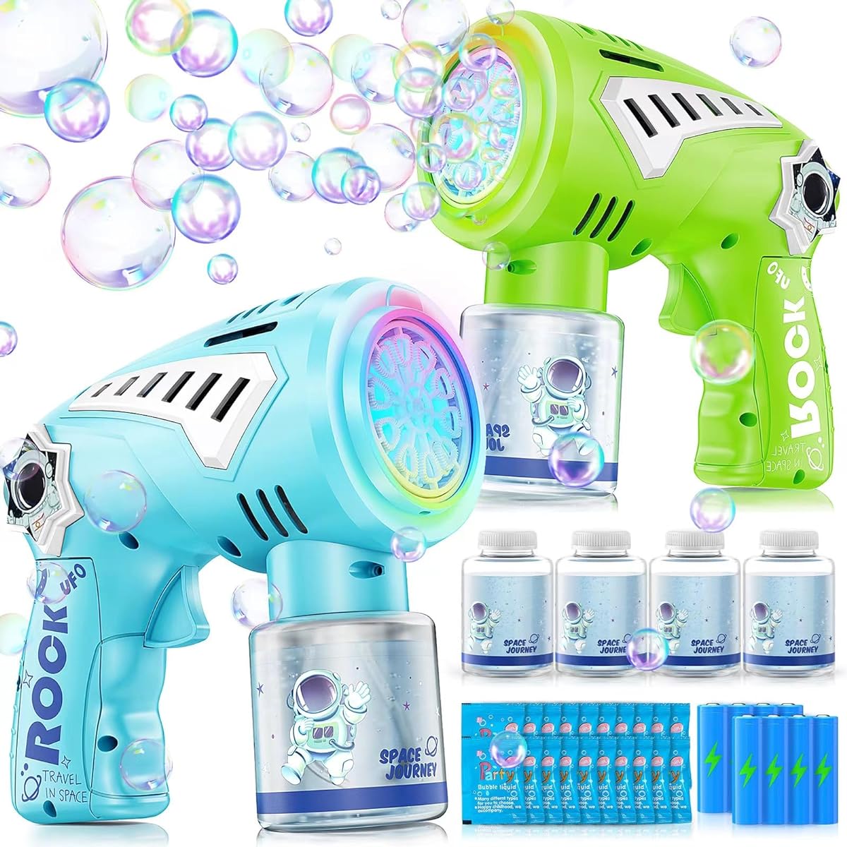 Boerfmo 2 Bubble Guns - 10 Hole Wand Space Bubble Blaster with LED Light - Bubble Machine for Kids and Adults with Bubble Solution and Battery - Green & Blue
