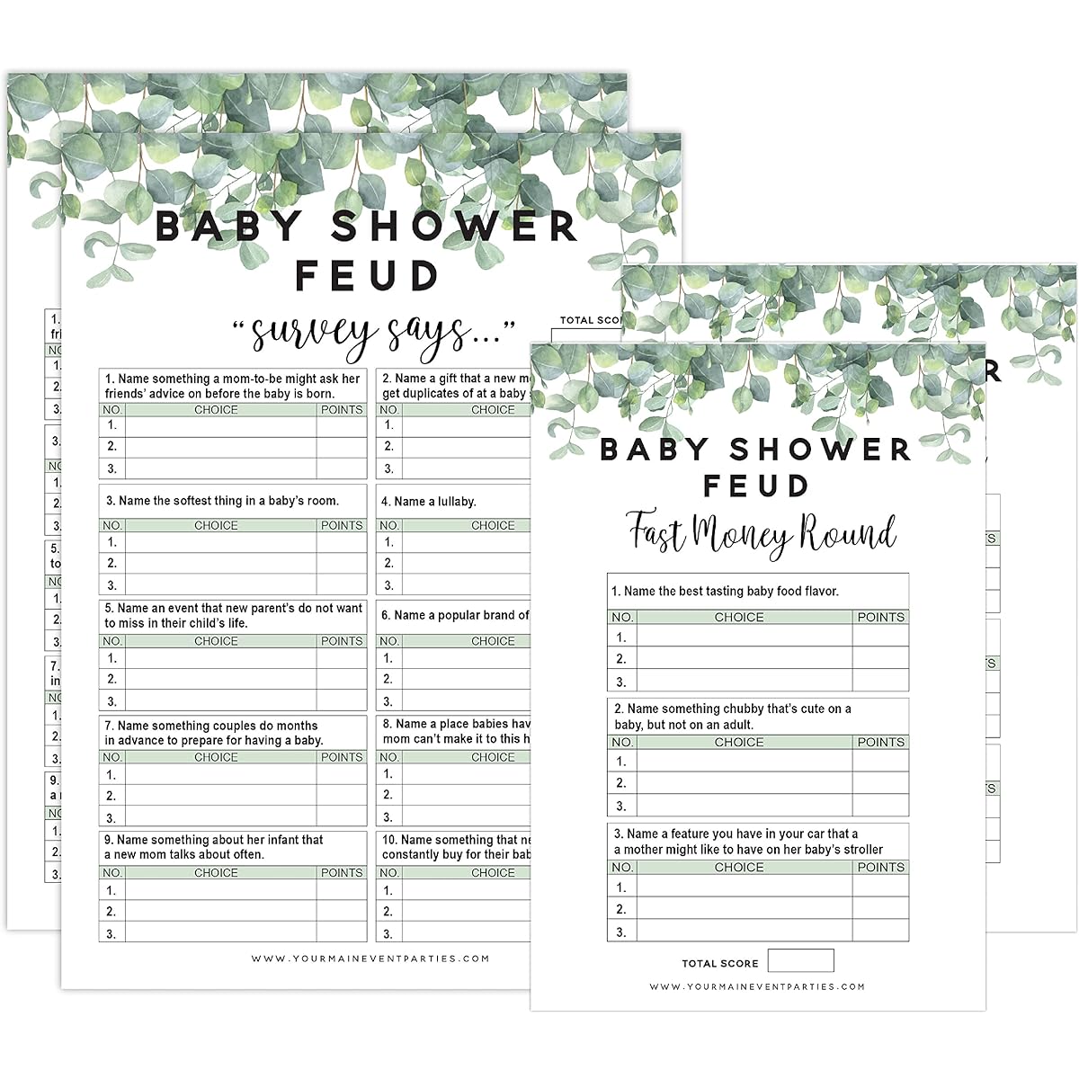 Baby Shower Family Feud Game Fun Eucalyptus Decorations 50 Family Feud Cards 3 Fast Money Round Cards 1 Instruction Manual