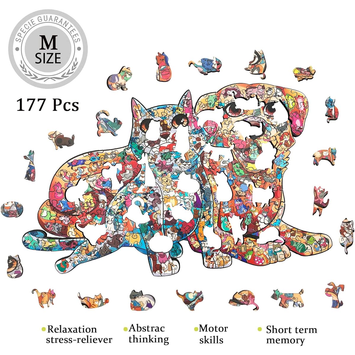 OURUOLA Wooden Jigsaw Puzzle for Adults Kids Unique Cat and Dog Puzzle Fun Game for Family and Friends 2021 Best Christmas Toy Gift 11.4 x 7.1 Inch - 177 Pieces Medium Size