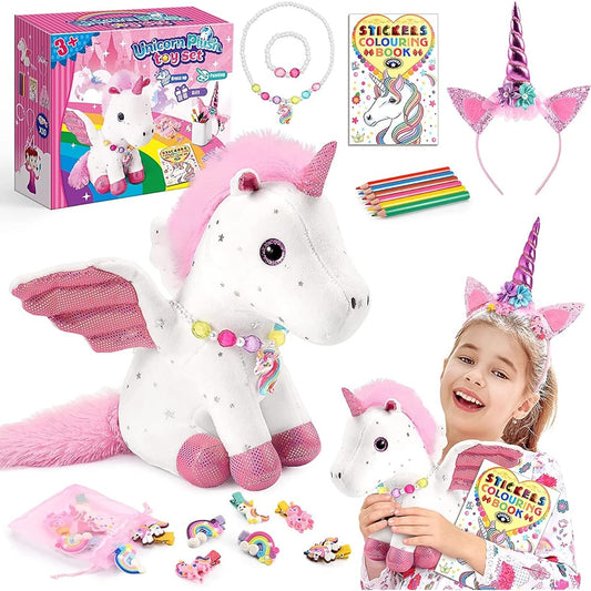 Unicorn Gifts for Girls Ages 3-8 Unicorn Toy Set Unicorn Headband Necklace Bracelet DIY Coloring Book Soft Unicorn Plush Toy for Girls Ages 3-8 Girls Birthday Christmas