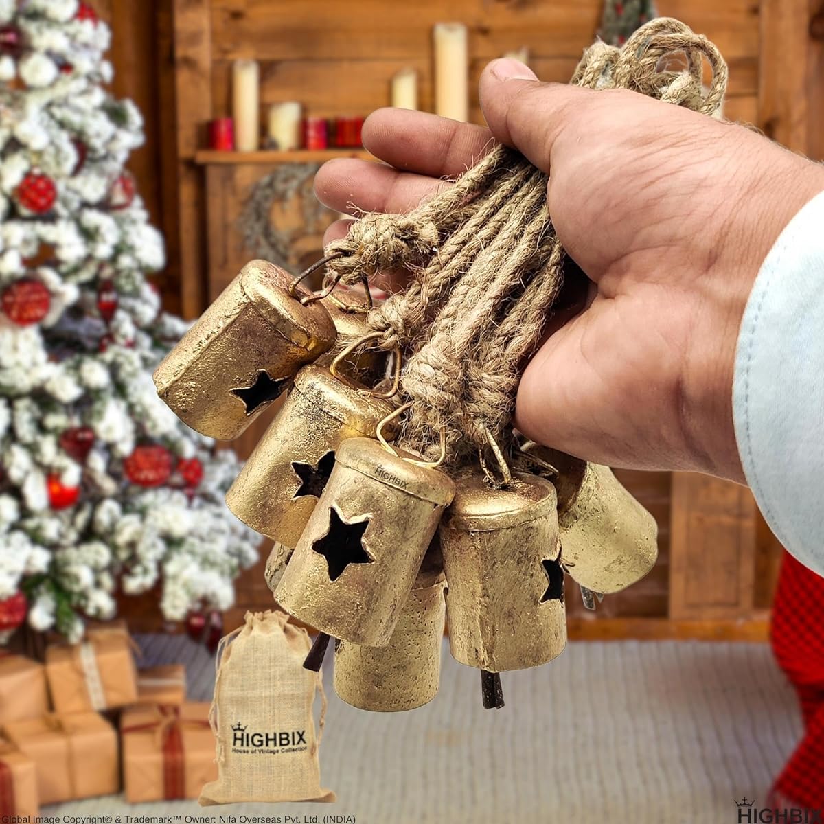 HIGHBIX Rusty Harmony Metal Bells 10pcs Vintage Handmade Rustic Lucky Christmas Hanging 2" Bells on Rope (Star Cylinder)