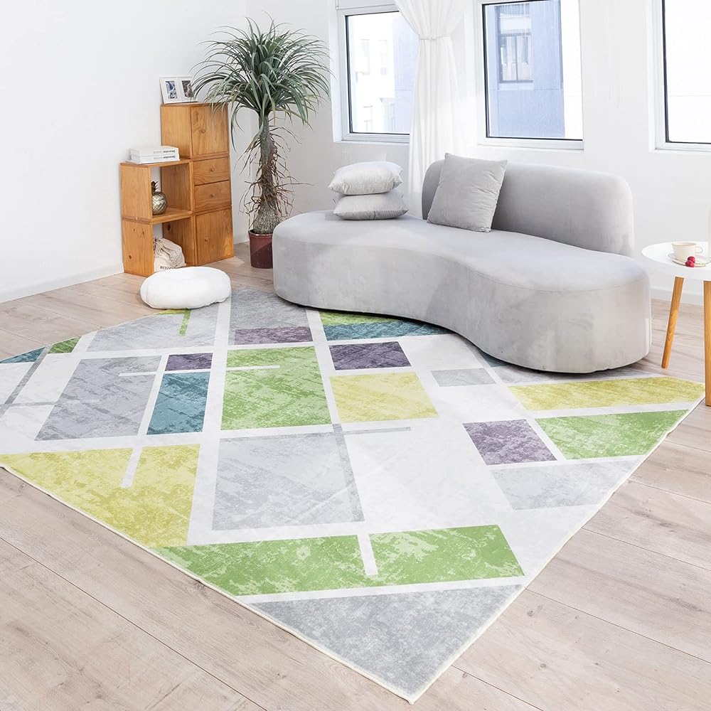 DECOMALL Carpet, 3 Tatami Mat Rug, Scandinavian Style, Stylish, 200X250CM, Washable, Fluffy, All Seasons, Memory Foam, Non-Slip, Green, Dust Mite Resistant, Odor Resistant, Compatible with Floor Heating