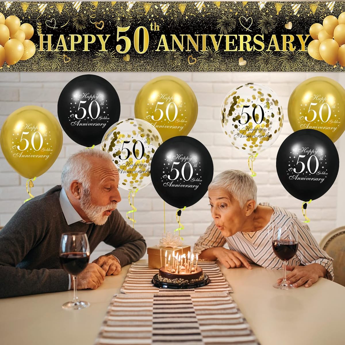 50th Wedding Anniversary Decorations Black Gold Happy 50th Anniversary Yard Banner, 18pcs 50th Happy Anniversary Balloons, 50th Birthday Party Supplies