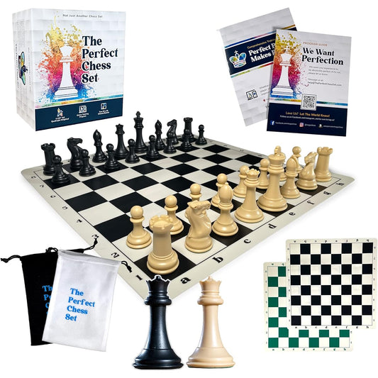 Perfect Chess Set Tournament Chess Set Includes Two 20" x 20" Foldable Silicone Boards, 4x Staunton Pieces, Carry Box and Bag, Classic XL Super Heavyweight Edition