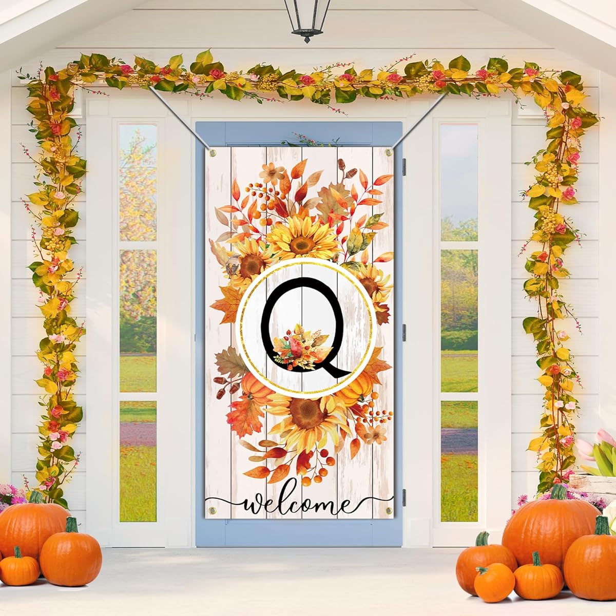 SENSEVEN Monogram Letter Q Flag Door Banner Large Fall Thanksgiving Sunflower Initial Letter Door Cover Family Last Name Initial Fall Welcome Porch Sign Door Decor Backdrop Banner 71 x 35.4 Inch Q