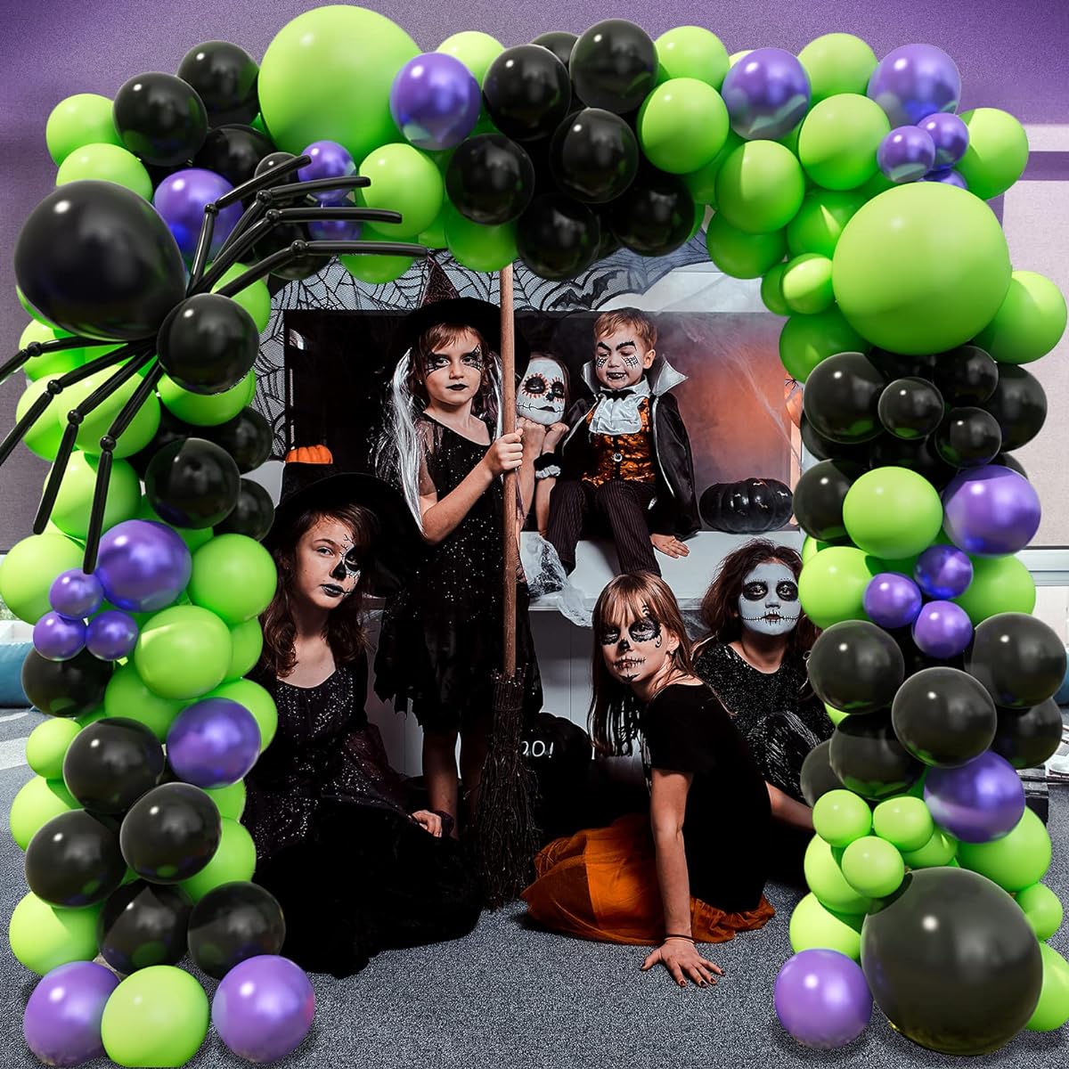 Halloween Balloon Garland Arch Kit Black Green Metallic Purple Balloons Spider Balloons Halloween Theme Party Backdrop Classroom Decorations Party Supplies