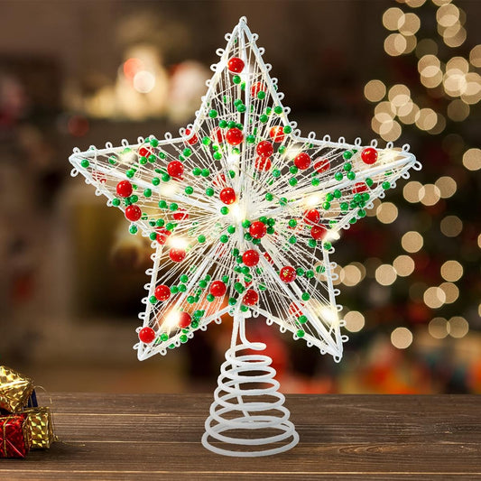 Whaline Christmas Star Tree Topper 8.3" Red Green Berries with Dots 3D Star Tree Top LED Light Battery Operated Unique Design Christmas Tree Ornaments for Christmas Party Indoor Outdoor Home Decoration