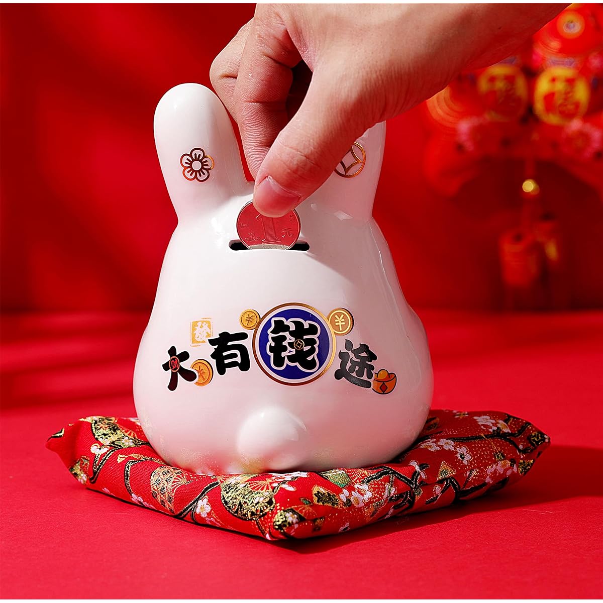 2023 Chinese New Year Decoration Bunny Figure Piggy Bank ~Shizai Shin Wishing You Wealth and Success ~Ceramic Zodiac Rabbit Piggy Bank for Home Decor Gift Box Included