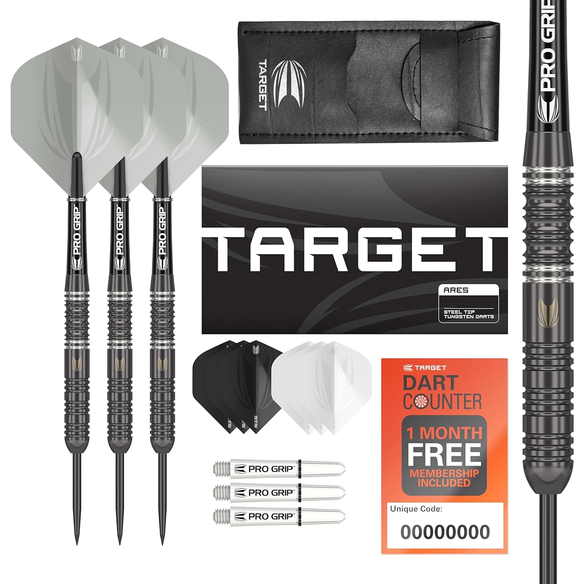 Target Darts Ares 22G Tungsten Steel Tip Dart Set - 6 Pro Grip Shafts - 9 Pro Ultra Flights - Dart Wallet - Dart Counter App Coupon Bundle