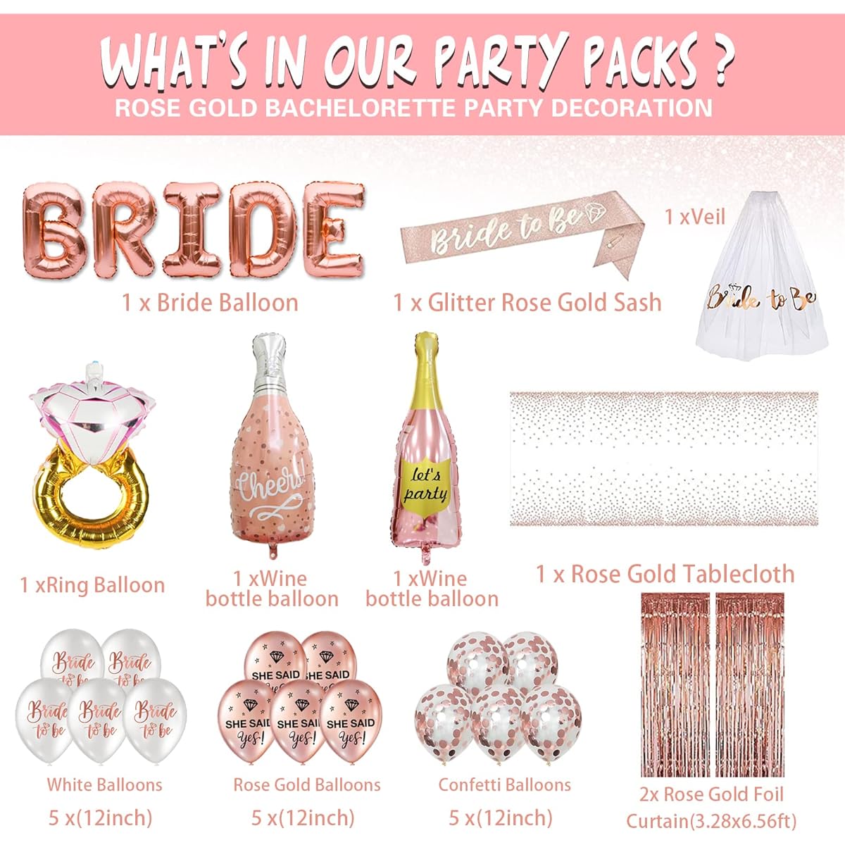 Bachelorette Party Decorations Supplies Bridal Wedding Veil Rose Gold Bride To Be Balloons Foil Curtain Tablecloth Sash Engagement Photo Booth Props for Bridal Shower