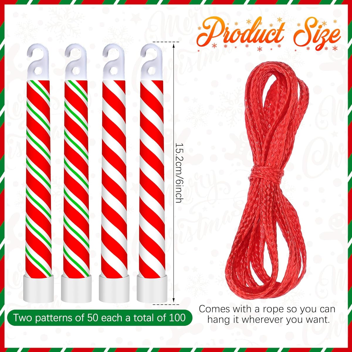 Wettarn Christmas Glow Sticks, 6" Glow Sticks Bulk Striped Glow in the Dark Sticks with Bright Red Straps, Lollipop Glow Sticks for Christmas Party Favors Kids Camping Birthday Parties