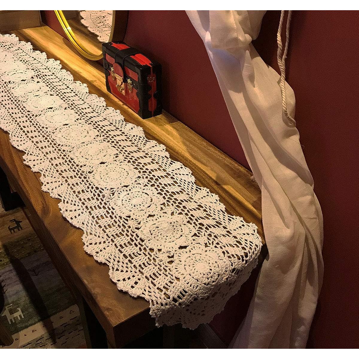 Janef Beige White Handmade Crochet Cotton Table Runner Lace Doily Oval Dresser Scarf, 11.8 by 63 Inch Beige