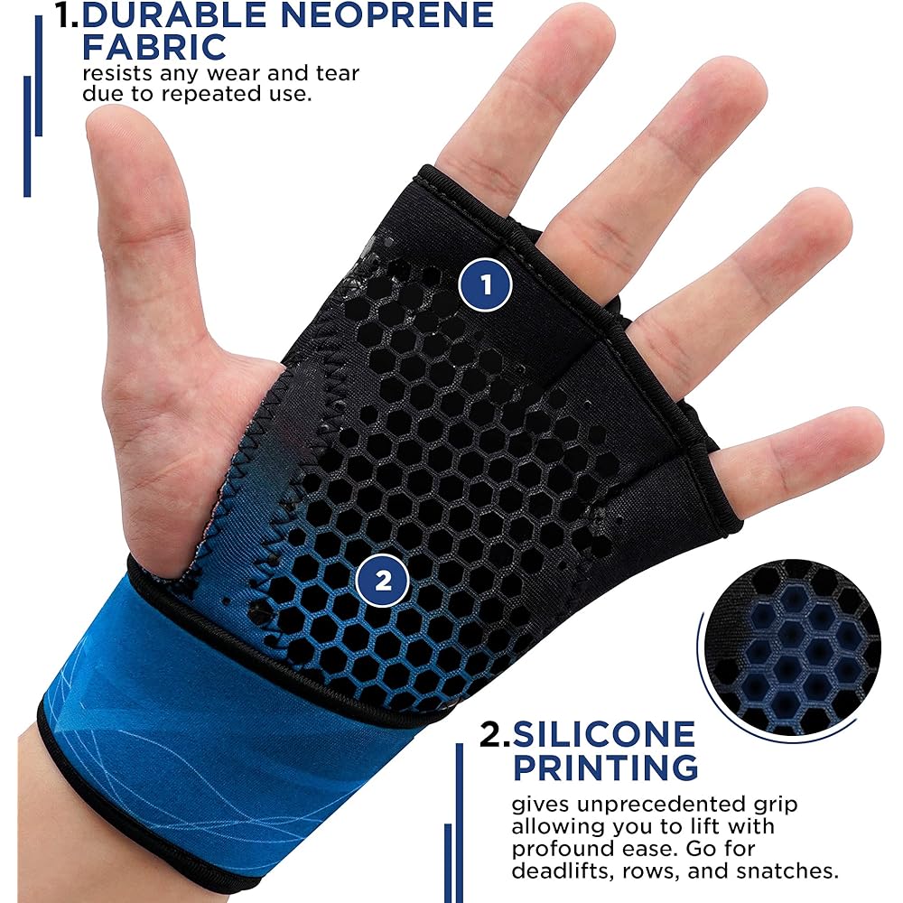 RDX Weightlifting Gloves Fitness Gym Workout Ventilation Open Back Anti-Slip Gripper Strength Training Deadlift HIIT Exercise Women Men Cycling Climbing Gym Rowing (Blue, L/XL)