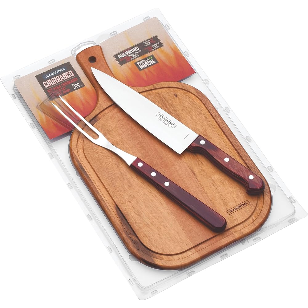 TRAMONTINA Barbecue Cutting Board 3 Piece Set (BBQ Knife, Carving Fork, Cutting Board)