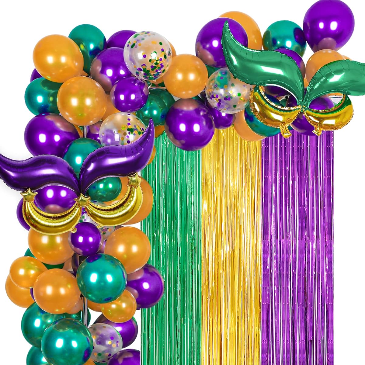 Whaline Mardi Gras Balloon Arch Garland Kit with Foil Curtain Tinsel Backdrop Moon Star Shape Foil Balloons Purple Green Gold Confetti Balloons Masquerade New Orleans Carnival Party Supplies 109pcs