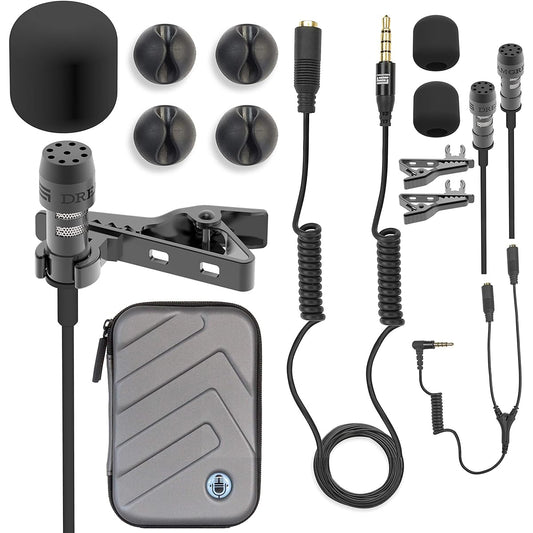 2HD Lavalier Lapel Microphone Full Accessory Pack DREAMGRIP LAV PRO for iPhone Samsung and Other Phones with Enhancements, Invisible Mic Holder and More, Best Studio Quality Sound Kit for YouTubers