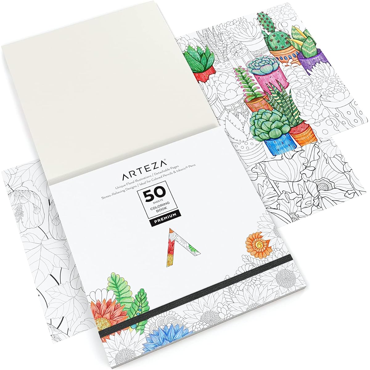 Arteza Adult Coloring Book, 9 x 9 Inch, Floral Design, Stress Relief Coloring Book, 50 Single-Sided Images, Art Supplies for Relaxation, Reflection, and Decompression