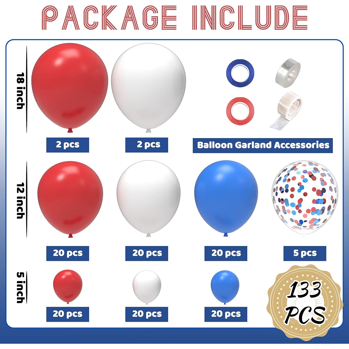 JOYYPOP 129 Pieces Red White Blue Balloon Garland Arch Kit Different Sizes 18 12 10 5 Inch Red White Blue Balloons Independence Day Decorations