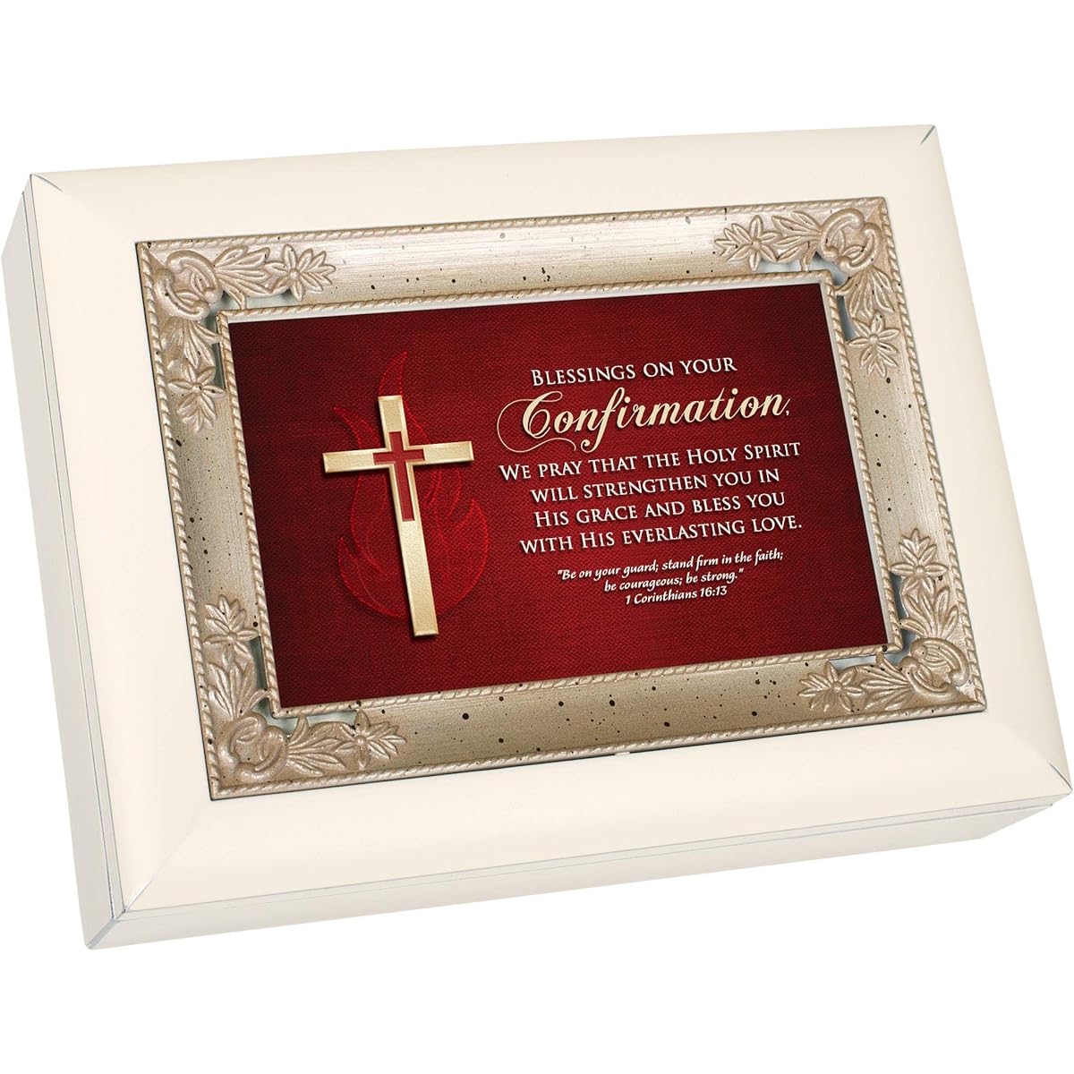 Cottage Garden Confirmation Blessings Ivory and Silver Italian Style Music Box Plays Ave Maria