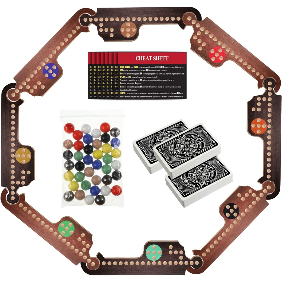 Wooden Board Game Set, 8 Wooden Boards, 40 Colorful Marble Pegs, 3 Boxes of Playing Cards, 8 Game Instructions, Game Wooden Board for Adults, Kids, Families, 4-8 Players (Retro Color)