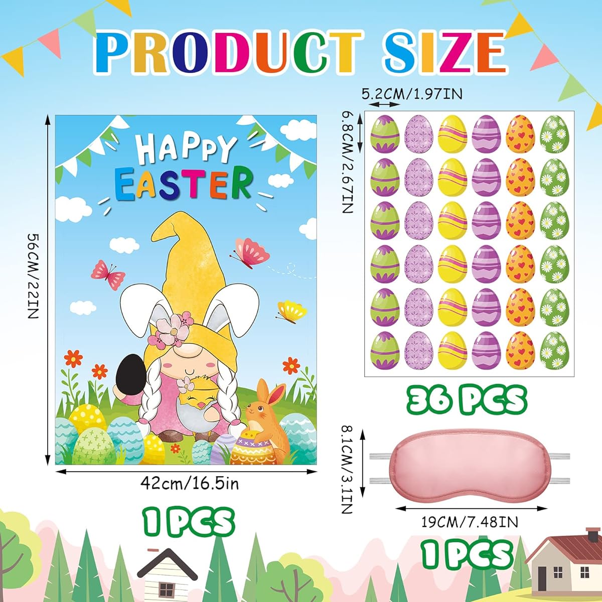 38 Pieces Cute Gnomes Poster for Kids with Blindfold and Stickers, Cute Gnomes Theme, Birthday Party Supplies, Cute Gnomes