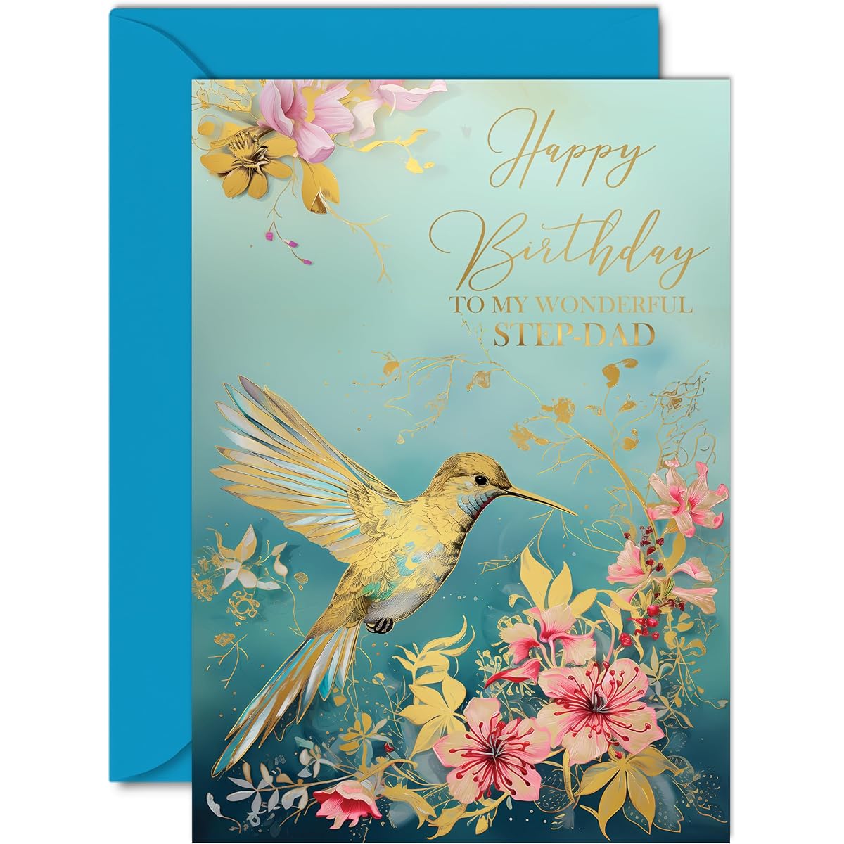 Beautiful Gold Birthday Card for Step Dad - Amazing Golden Hummingbird - Elegant Traditional Cute Birthday Card for Step Dad from Step Son Daughter, A5 Step Father Gorgeous Greeting Card Gift