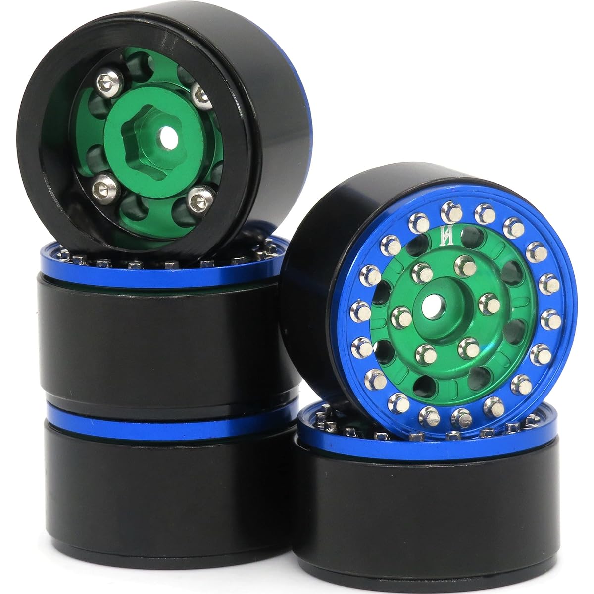 HOBBYSOUL 1/24 Wheel Weight 22g/Wheel 1.0 Beadlock Wheels Green Blue Rim for Axial SCX24 90081 AXI0001 and Other 1/24 RC Crawler Car Truck (Pack of 5)